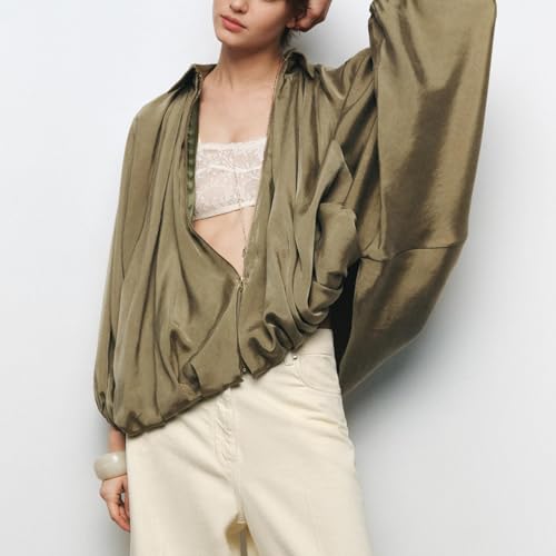 Womens Puffed Bomber Jacket Casual Batwing Sleeve Lapel Collar Zip Shirts Oversized Pleated Streetwear Jackets3