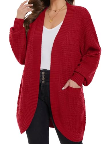 Image of MONNURO Womens Plus Size Open Front Cardigan Waffle Knit Long Sleeve Sweaters Tops Fall Coat Outerwear with Pockets