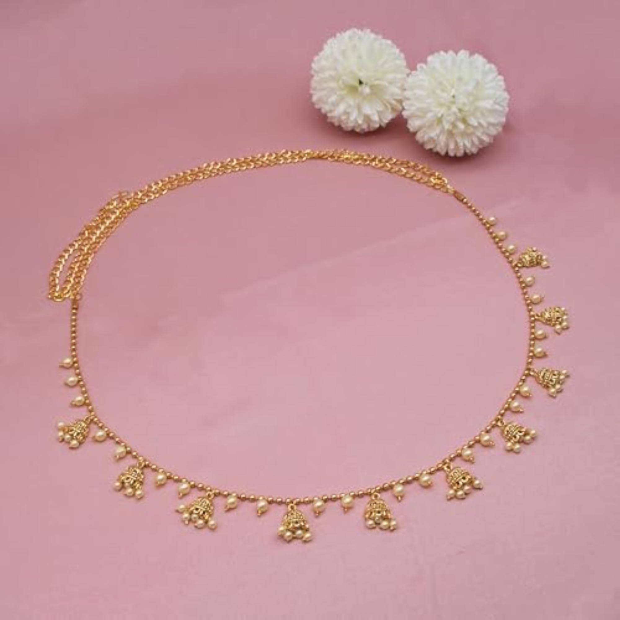 Women's Traditional Golden Beads Waist Chain with Pearl Drops