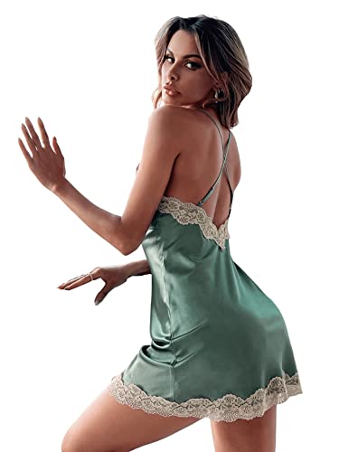 Sweatyrocks Women's Lace Split Lingerie Criss Cross Nightgown Satin Sleepwear Dress Babydoll Teddy Lingerie Dress Green S #TOP1