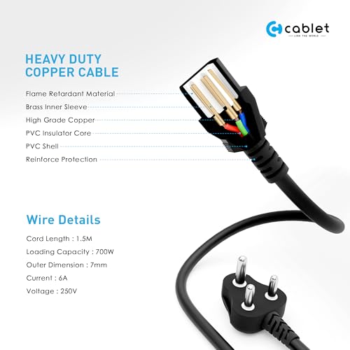 Image of Cablet Power D15 Desktop Power Cable, 3 Pin Type-D Male to C13 Female Connector Cable with 1.5 Meter Length and 7mm OD, 700 Watts Maximum Loading Capacity