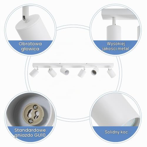 Lampa Sufitowa Nowoczesna Biała Sufitowy Reflektor LED Obrotowy | GU10 Sufitowa Scienna Spot 6 Płomień do Kuchni Sypialni Salonu, bez Zarówek