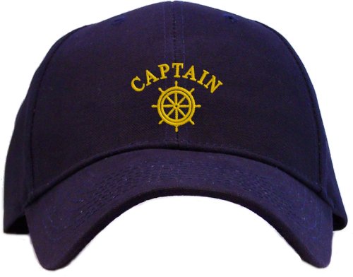 Captain with Ships Wheel Embroidered Baseball Cap - Navy