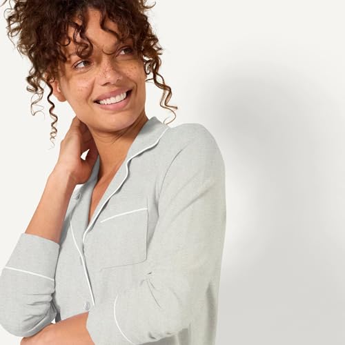 Amazon Essentials Damen Schlafanzug-Set, Baumwollmodal, langärmliges Hemd und durchgehendes Unterteil, Grau meliert, S