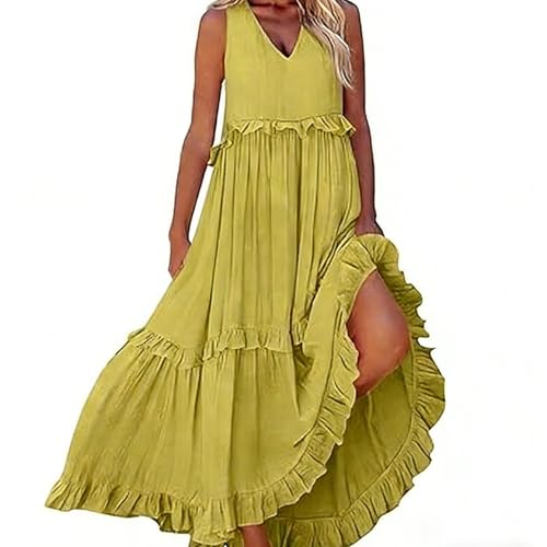 Robe d'été longue smockée col en V, style débardeur ample à volants