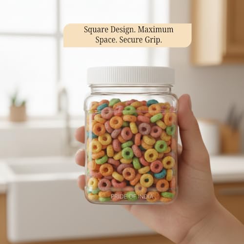 Clear Food Grade PET Plastic Square Grip Storage Jar w/Cap | 64 Fluid Ounces 7-8 Cup Storage Capacity | BPA Free USA Made | by Pride Of India