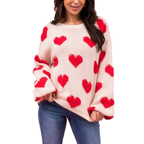 Image of Women's Valentine Love Print Heart Fun Sweater Casual Crewneck Long Sleeve Knit Sweatshirts Pullover Tops