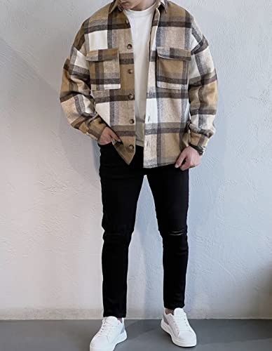 Men's Casual Warm Plaid Wool Blend Jacket Fleece Relaxed Fit Button Up Long Sleeve Shacket Shirt Coat4