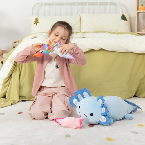 Image of MaoGoLan 23.5 inch Axolotl Plush with 3 Baby Axolotl Stuffed Animals | Large blue axolotl plush with 3 baby axolotls inside, great for cuddling, play, room decor, and gifts.