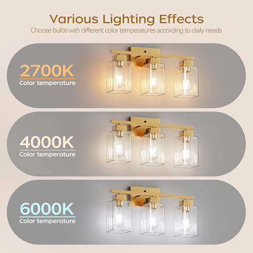 Image of PARTPHONER 3-Light Bathroom Light Fixtures, Brushed Gold Modern Vanity Lights, Bathroom Lighting Fixtures Over Mirror, Square Design Farmhouse Wall Sconces with Clear Glass Shades