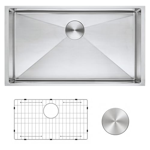 Product Image of the Zuhnë Modena 32 Undermount Kitchen Sink, 16 Gauge T304 18/10 Stainless Steel, Brushed Finish, Sound Guard, Single Bowl 32 x 19 x 10 in, R10 Corners, Sloped Bottom
