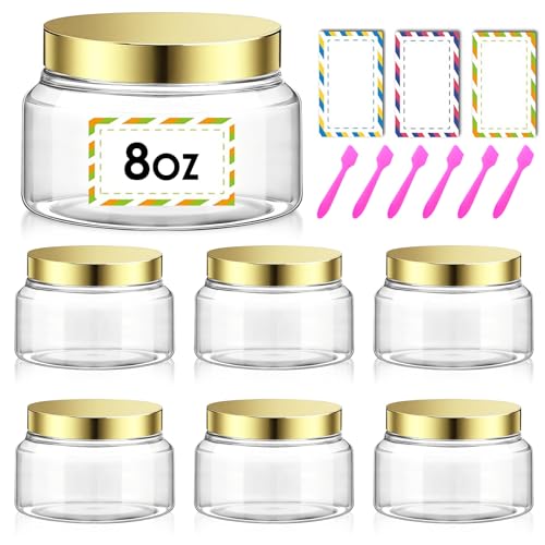 Amorix 6 Pcs Plastic Jars 8 oz Gold Lid Cosmetic Containers for Body Butter