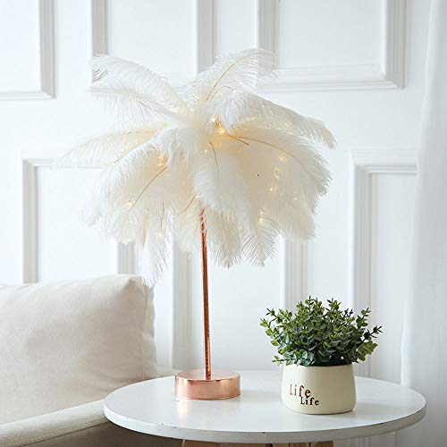 WODT Lámpara de Mesa de Plumas Lámpara de árbol de luz Blanca cálida Pantalla de Plumas de niña LED Luces Decorativas de Boda Regalo de cumpleaños,Blanco