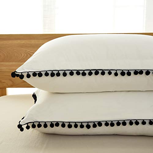Softta White Duvet Cover Queen Bohemian Bedding Vintage Pom-Fringe Black Pompom Duvet Cover 3 Pcs Boho Quilt Cover 100% Washed Cotton Baby Teen Girls #TOP3