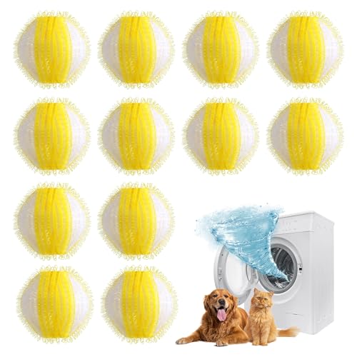 Lot de 12 Boules de Peluches Réutilisables pour Enlever les Poils d'Animaux de Chat - Accessoires pour Machine à Laver - Anti-Poils pour Vêtements, Couvertures, Manteaux, jaune