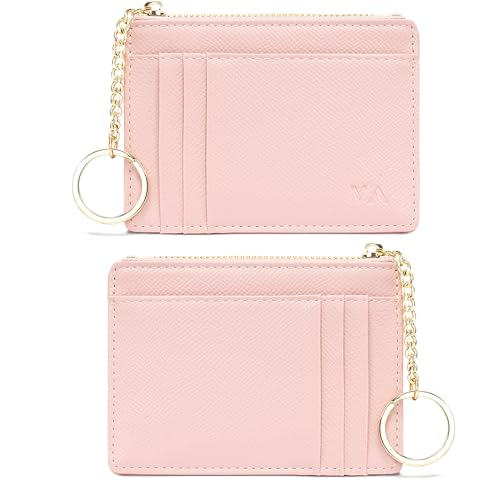 Image of Valentoria Slim RFID Blocking Card Holder Small Pocket Wallet Keychian Zipper Coin Purse Mini Cash & Coin & Cards Case for Women Men, Pink, s, Slim Rfid Blocking Card Holder Small Pocket Wallet