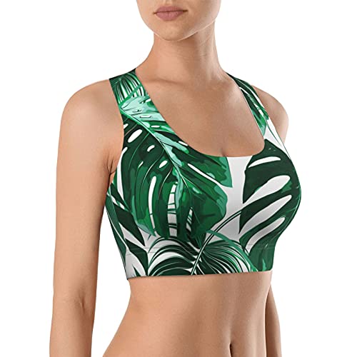 Baisature Tropical Palm Leaves Women Longline Sports Bra Strappy Yoga Workout Crop Tank Tops Padded Camisole Fitness Shirts
