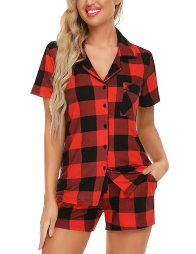 Image of Pjmlifecoco Women's Modal Pajama Set Short Sleeve Button Down Two Piece Soft Sleepwear with Shorts Loungewear S-XXL
