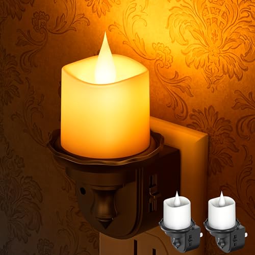 Image of Briignite Candle Night Light, Amber Night Lights Plug into Wall 2 Pack, LED Flicker Candle Night Light with Light Sensor, 0-100LM Dimmable Nightlight for Kids Hallway Bathroom