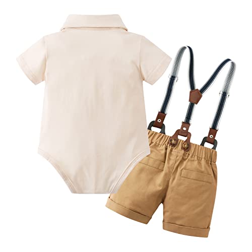 Yuemion Infant Baby Boy Clothes Gentleman Outfits Suits Summer Short Sleeve Bowtie Bodysuit Shirts + Suspender Shorts (Beige,3-6M) #TOP6
