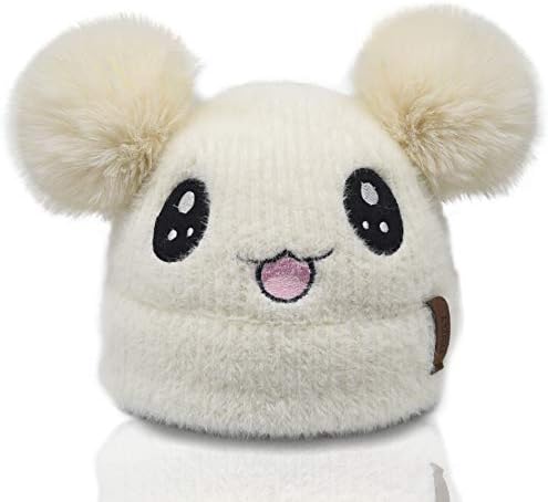 Kids Winter Beanie Knitted Hats for Toddler Baby Girls Boys,Rabbit Cartoon Animal Faux Fur Double Pom Pom Bobble Warm Soft Fleece Cute Infant Stocking Cap for Children