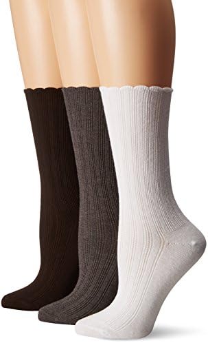 No nonsense womens Scallop Pointelle Crew Casual Sock, Assorted - 3 Pair Pack, 00 Petite US