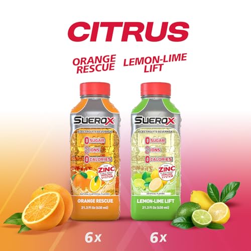 Image of SueroX Sugar Free Electrolyte Drink, Citrus Pack, 21.3 Fl Oz, 12 Count | Sports Drink with 8 Ions, Zero Sugar, Zero Calories, Hydration & Recovery