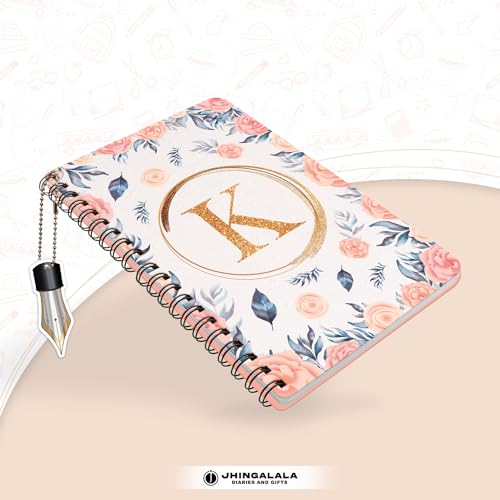 Image of Jhingalala Diaries - A5 Hardbound Floral Design Diary Cover With Initial Letter Wiro Notebook Diary With Dangler I Spiral Notebook With Planner and Calendar 2024 I 160 Undated Ruled Pages (Initial K)