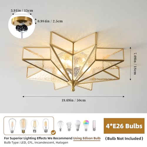 Image of Star Brass Ceiling Light - 19.7 In Large Gold Hammered Glass Flush Mount