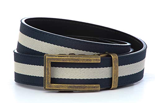 Anson Belt & Buckle - 1.5\" Traditional Antiqued Gold Buckle with Ratchet Belt Strap (Cloth, Navy/White Stripe)