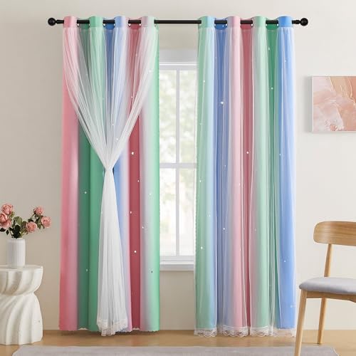 XiDi Girls Curtains for Bedroom 96 Inches Long 2 Panels Pink Green Blue Rainbow Blackout Curtains for Little Girl Kids Room Decor Living Room, Princess Unicorn Wall Decals Drapes 52x96