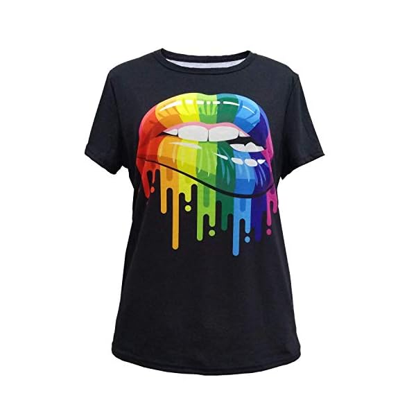 HIGO FASHION Womens Short Sleeve T-Shirt Sexy Rainbow Color Lips Funny Graphic Tie Tees 80s Tops - Image 3