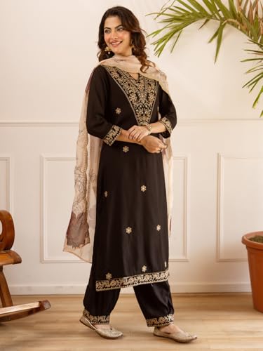Image of INDO ERA Women's Rayon Viscose Rayon Embroidered Straight Kurta & Salwar with Dupatta Set