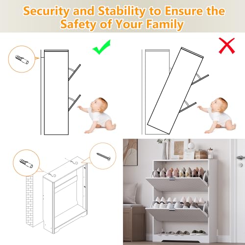 Image of BORNOON Shoe Cabinet with 2 Flip Drawers, Fluted Shoe Storage Cabinet with Adjustable Shelves, Freestanding Rack and Organizer for Entryway, Closet, Hallway