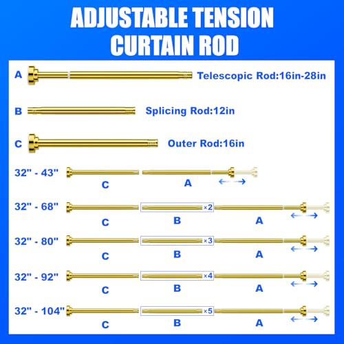 Image of Ausemku Shower Curtain Rod - 32-43 Inch Rustproof Tension Rod, Non-Slip Spring Design, No Drilling Adjustable Curtain Rod for Bathroom, Kitchen, and Closet(Gold)