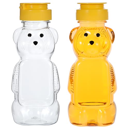 Hpmjz 2 Pcs Honey Bear Bottle Plastic Honey Squeeze Bottle Transparent Honeybear Squeeze Jars with Yellow Flip Lid Cute Empty Container for Christmas Party Syrup Sauce Juice Storing and Dispensing