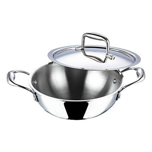 Vinod Platinum Triply Stainless Steel Extra Deep Kadai with Stainless Steel Lid, 1.5 Litre Capacity, 20 cm Diameter, Silver, Induction & Gas Stove Friendly, Includes 1 Kadai with Lid