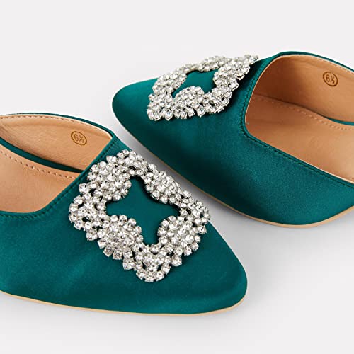 Coutgo Womens Pointed Toe Mule Sandals With Rhinestone Stiletto High Heel Bridal Evening Party Wedding Satin Dress Shoes Emerald #TOP5