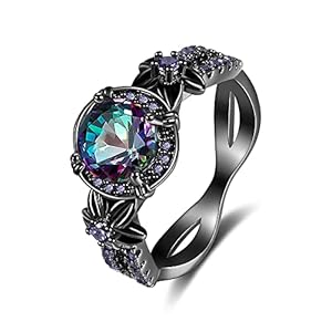 Gothic Black Rings for Women, Mystic Rainbow Topaz with Created Amethyst Flower Goth Black Gold Wedding Engagement Ring Size 6 to 11