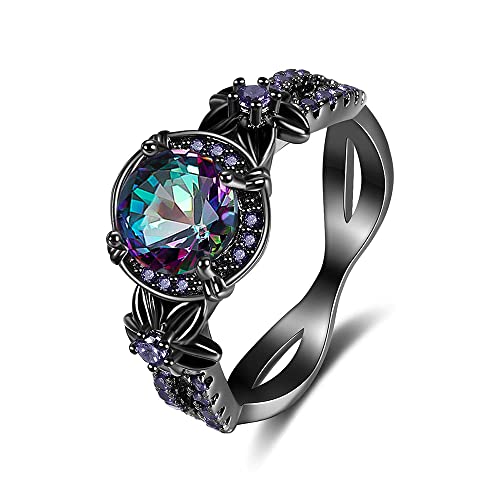 Gothic Black Rings for Women, Mystic Rainbow Topaz with Created Amethyst Flower Goth Black Gold Wedding Engagement Ring Size 6 to 11