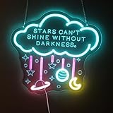 'Stars Can't Shine Without Darkness' - Luz de neón con diseño de nube, luna y planeta, arte de pared LED inspirador celestial para dormitorio, guardería, estudio, luz nocturna USB regulable con kit