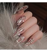 24Pcs Medium Press on Nails Square Fake Nails with Glitter Full Cover Rhinestones Swirl Designs F...
