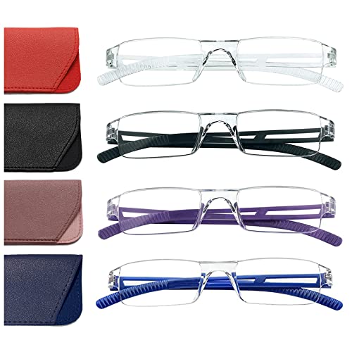 Hubeye Lunettes de lecture sans monture femme homme rectangle lecteur sans cadre transparent lunettes anti-lumière bleue avec étui en cuir 1,50
