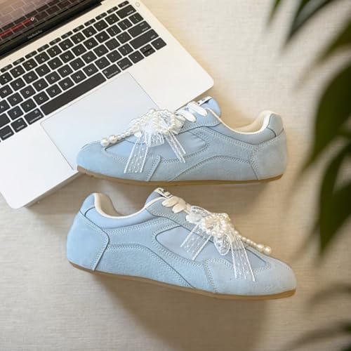 Women Cute Sneakers, Lace Bow Pearl Charm Ballet Aesthetic Retro Trainers Students Girls Comfy Casual Shoes Lace-Up Platform3