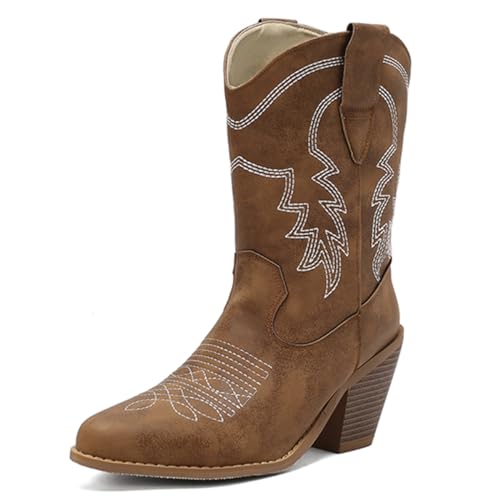 Roimaash Fashion Embroidery Cowboy Boots for Women Mid Heels