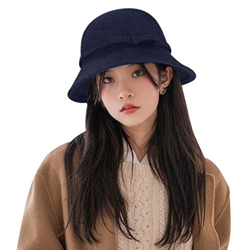 XGOPTS Women Winter Wool Bucket Hat Felt Cloche Bowler Hat Church Derby Hat Outdoor Navy Blue