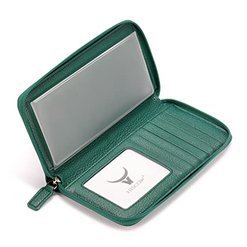 Image of HISCOW Leather Checkbook Cover, Zippered Wallet, Pebbled Green | Full grain cowhide, 5cc & ID window, personal check book & register pockets, removable duplicate divider, women secure zipper