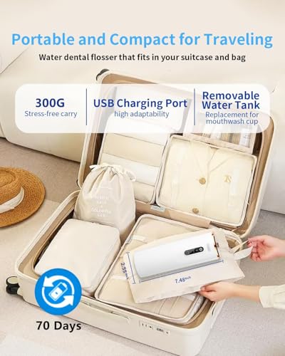 Elektrische Wasserseide, tragbarer Zahnreiniger, kabelloser Wasserflosser für die Zahnreinigung, 280 ml Wassertank, Zahnseide mit 5 Düsen, 3 Modi, geeignet für Zuhause und Reisen, Weiß – Bild 6