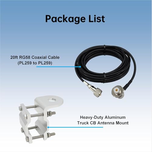 Image of Truck CB Antenna Mount,Heavy-Duty Aluminum Roll Bar Antenna Bracket with 20ft RG58 PL259 to SO239 Coax Cable for Truck Radio Antenna Installation