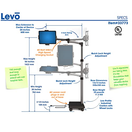 Levo G2 Commercial Tablet Rolling Cart Stand Kiosk With 60 Watt Usb-C Charging Power Port For Ipad Mini, Air, Pro, Surface, Fire, Samsung, And Other Tablets #TOP7